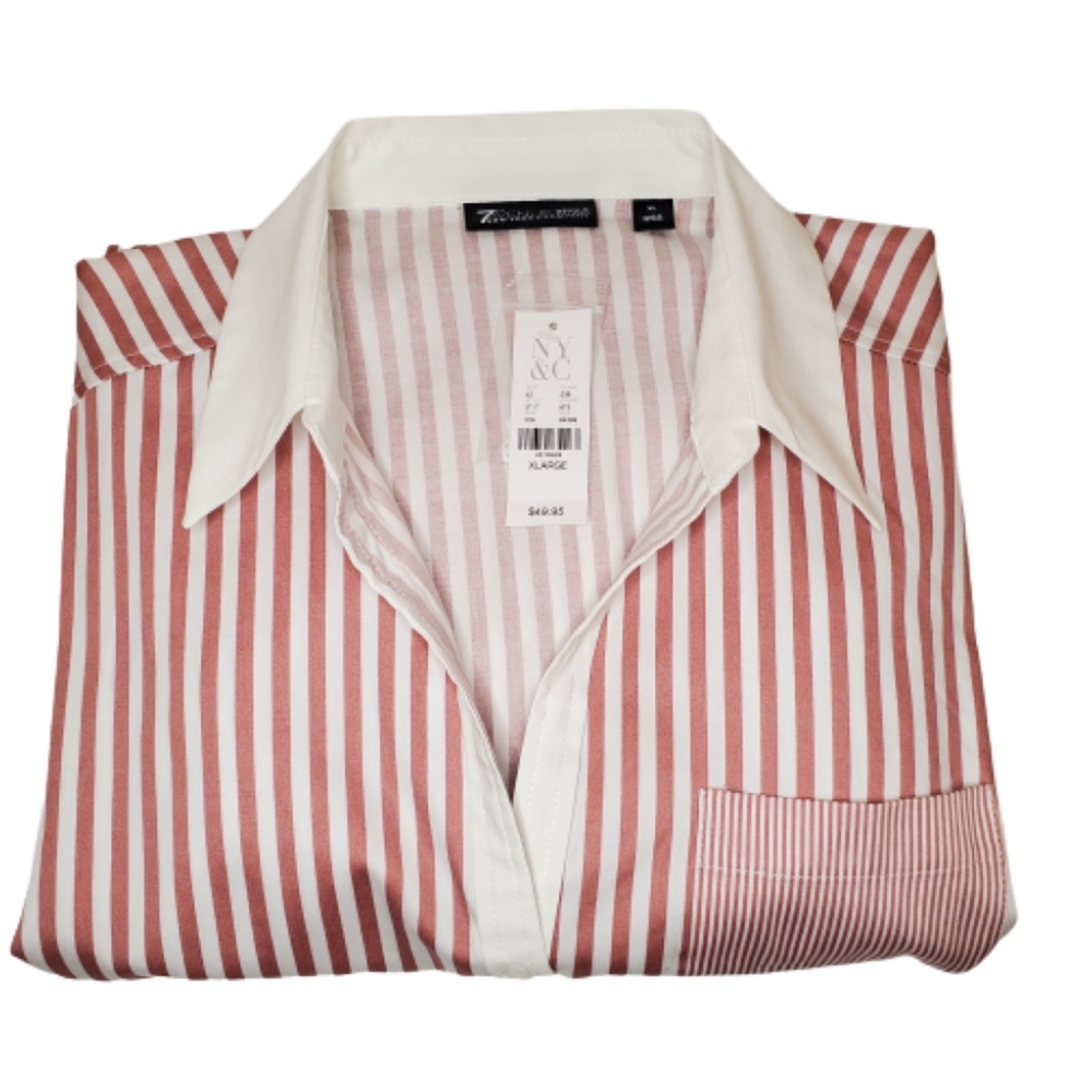 Women's Red Stripe Button-Down Shirt with White Collar